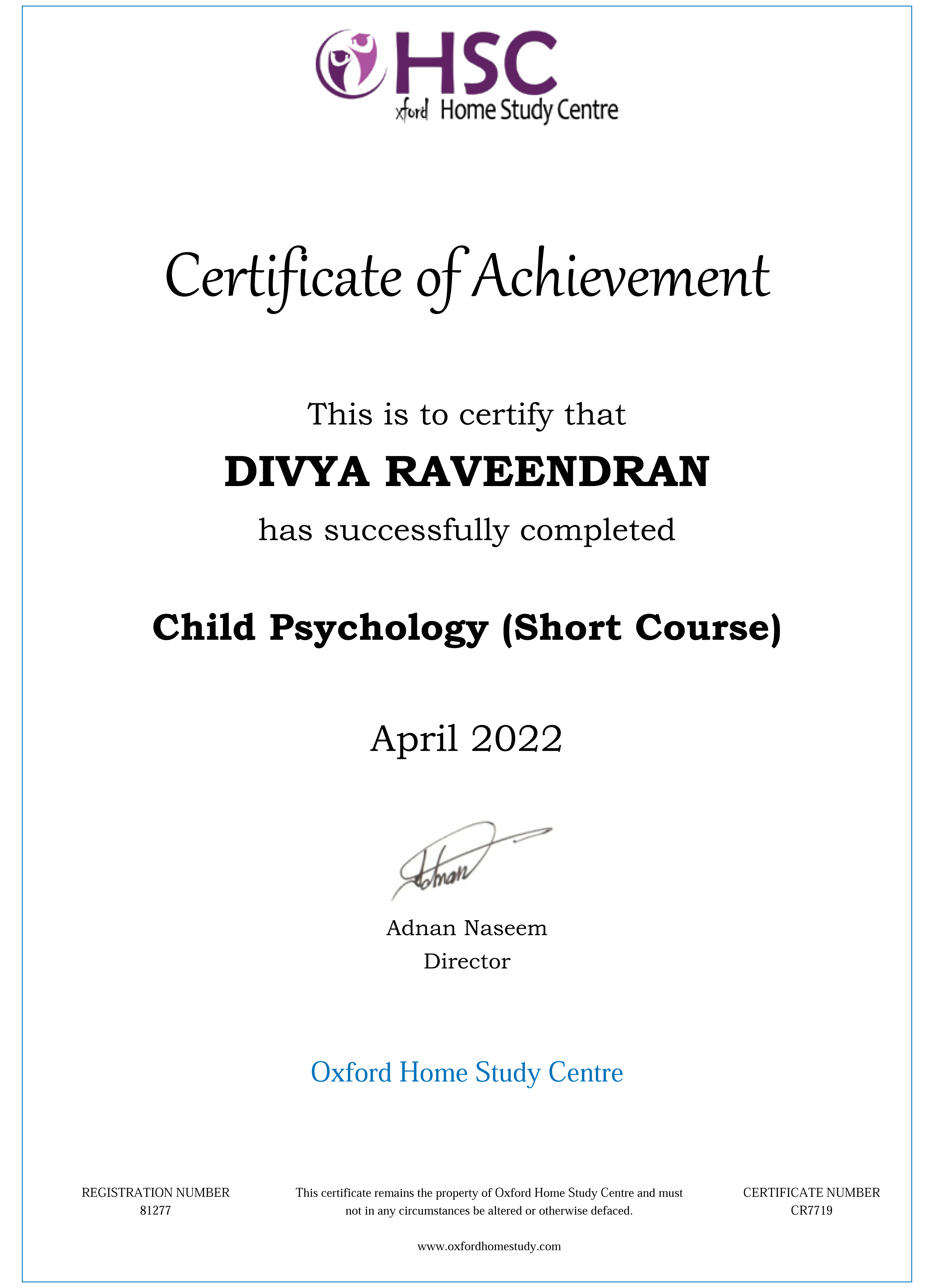 CHILD PSYCHOLOGY (Short Course)
